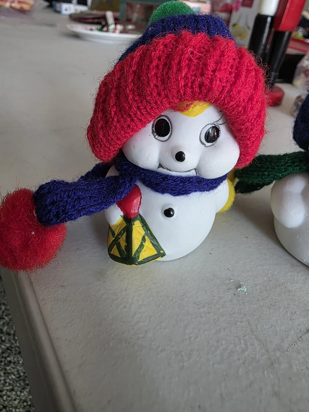 Home Interiors White Snowman Pair with Red and Blue Knit Hats